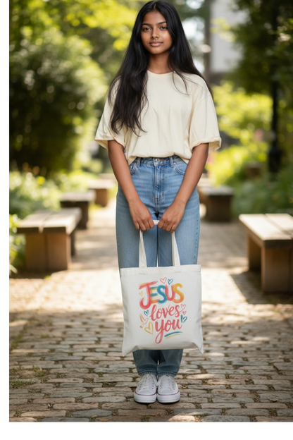 Christian lifestyle accessory — premium Jesus Loves tote bag for women of faith