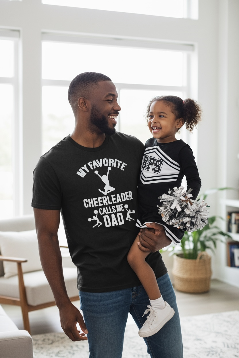 Men’s cheer dad tee styled casually for competitions