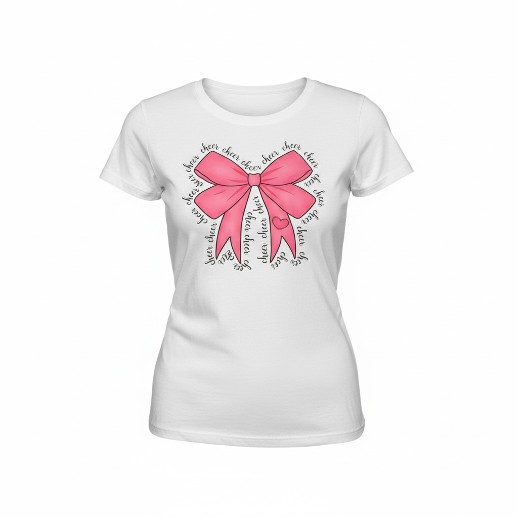 Pink Coquette Cheer T-Shirt in women’s junior cut with pink bow and cheer graphic, boutique cheer tee for young ladies