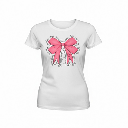 Pink Coquette Cheer T-Shirt in women’s junior cut with pink bow and cheer graphic, boutique cheer tee for young ladies
