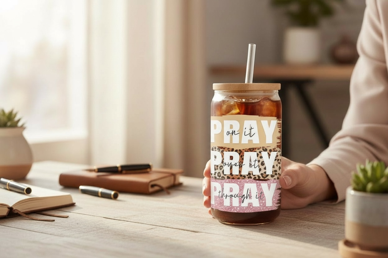 Close-up detail of “Pray On It Pray Over It” glass cup with leopard print texture and high-quality finish