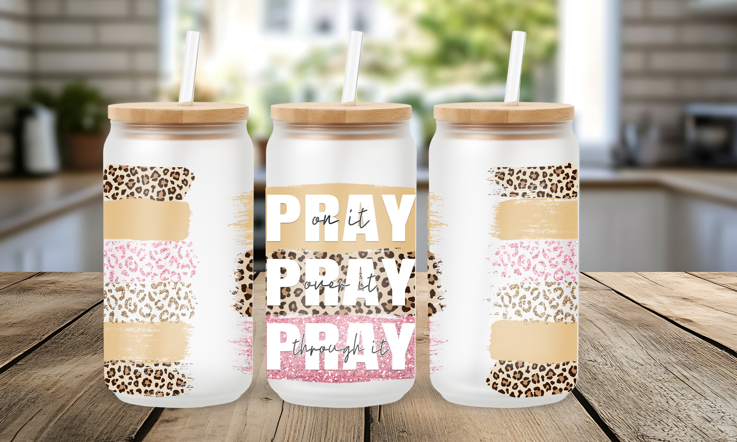 Glass prayer cup with leopard print and “Pray On It Pray Over It” text, premium faith-gift from Effy’s Creations
