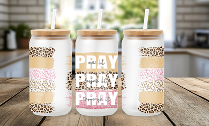 Glass prayer cup with leopard print and “Pray On It Pray Over It” text, premium faith-gift from Effy’s Creations
