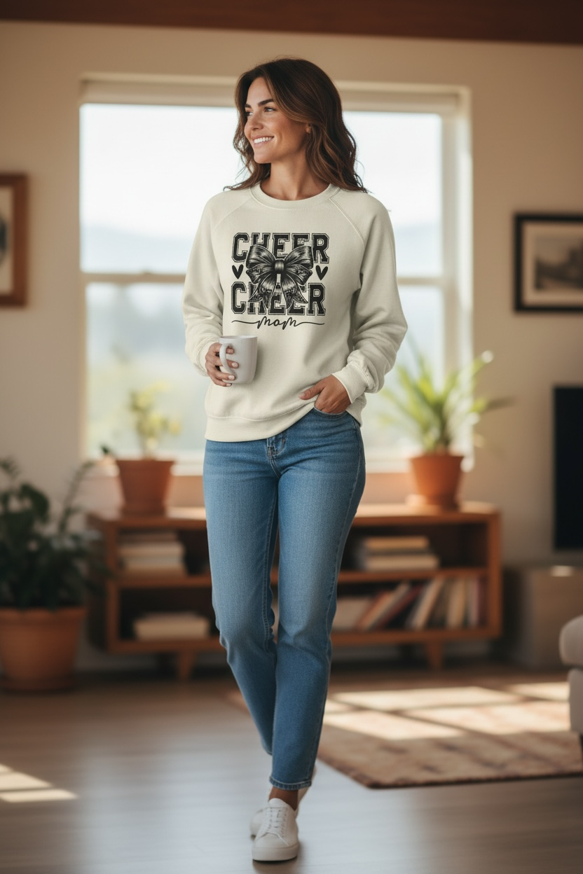 Woman wearing Cheer Mom Sweatshirt, ultra-soft luxe fleece interior, cheering from her living room