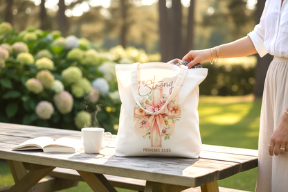 White Christian tote bag with elegant cross design and Bible verse Proverbs 31:25