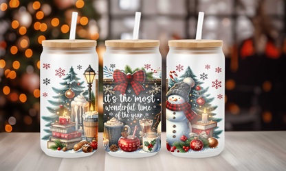 16 oz Snowman Glass Cup holiday tumbler with snowflake print and bamboo lid