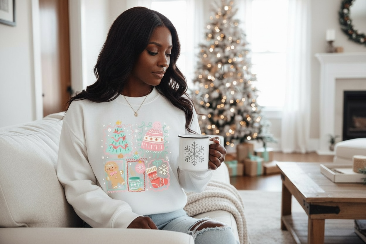 Woman wearing luxury Christmas Sweatshirt in warm holiday living room setting
