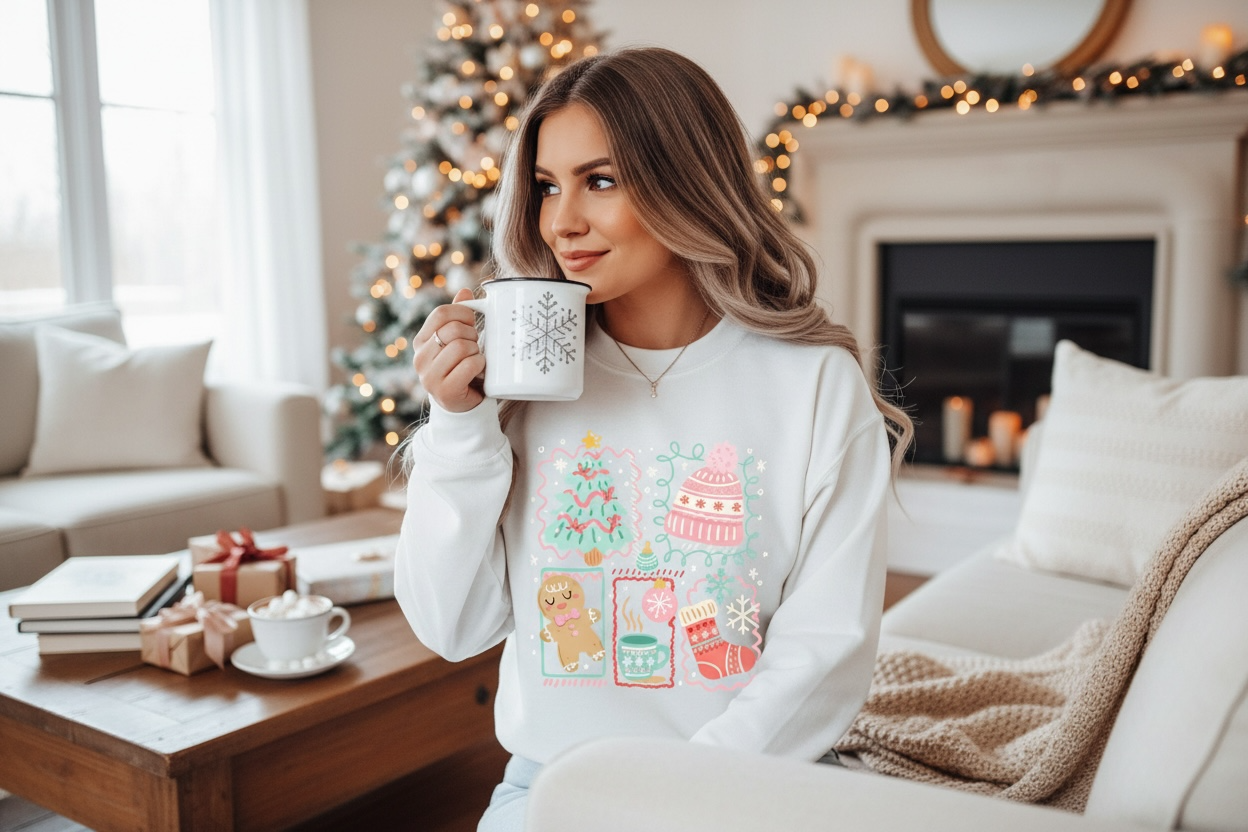 Woman wearing luxury Christmas Sweatshirt in warm holiday living room setting