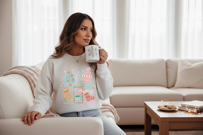 Effy’s Creations holiday sweatshirt modeled indoors for Christmas fashion