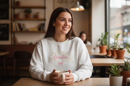 Women’s pink and gold cheerleader sweatshirt, cozy fleece spirit wear