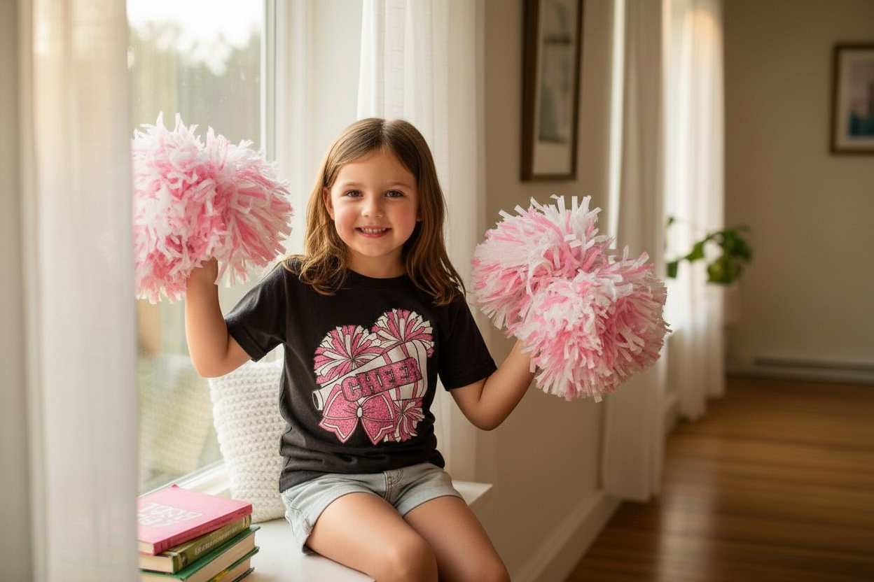 Girls cheer tee Cheer Pom-Pom graphic modeled by youth cheerleader