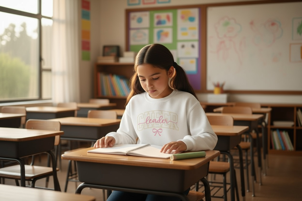 Spirit day outfit for cheer girls featuring pink cheerleader sweatshirt