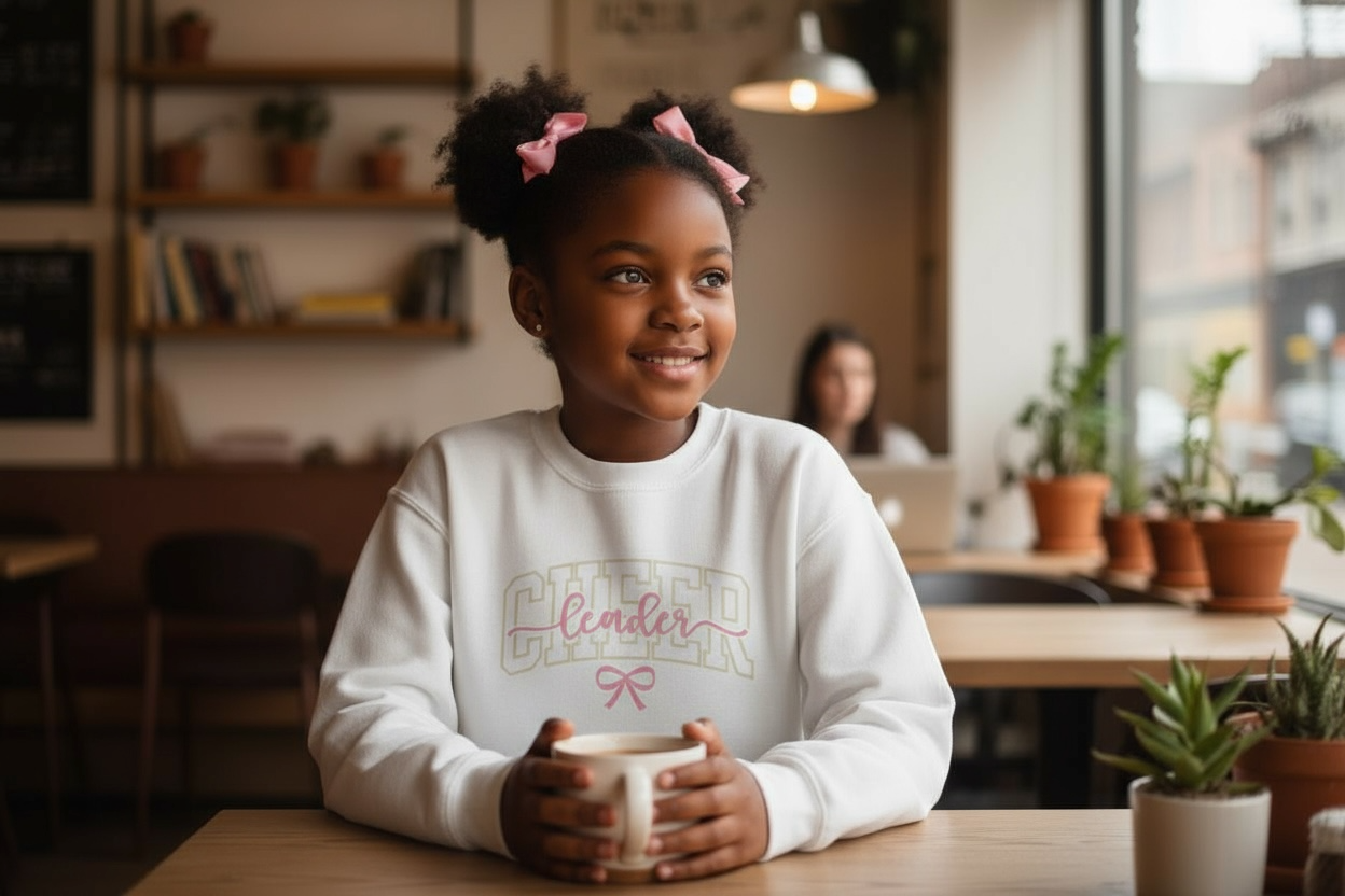 Youth cheer sweatshirt in pink and gold coquette style – Effy’s Creations