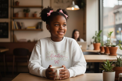 Youth cheer sweatshirt in pink and gold coquette style – Effy’s Creations