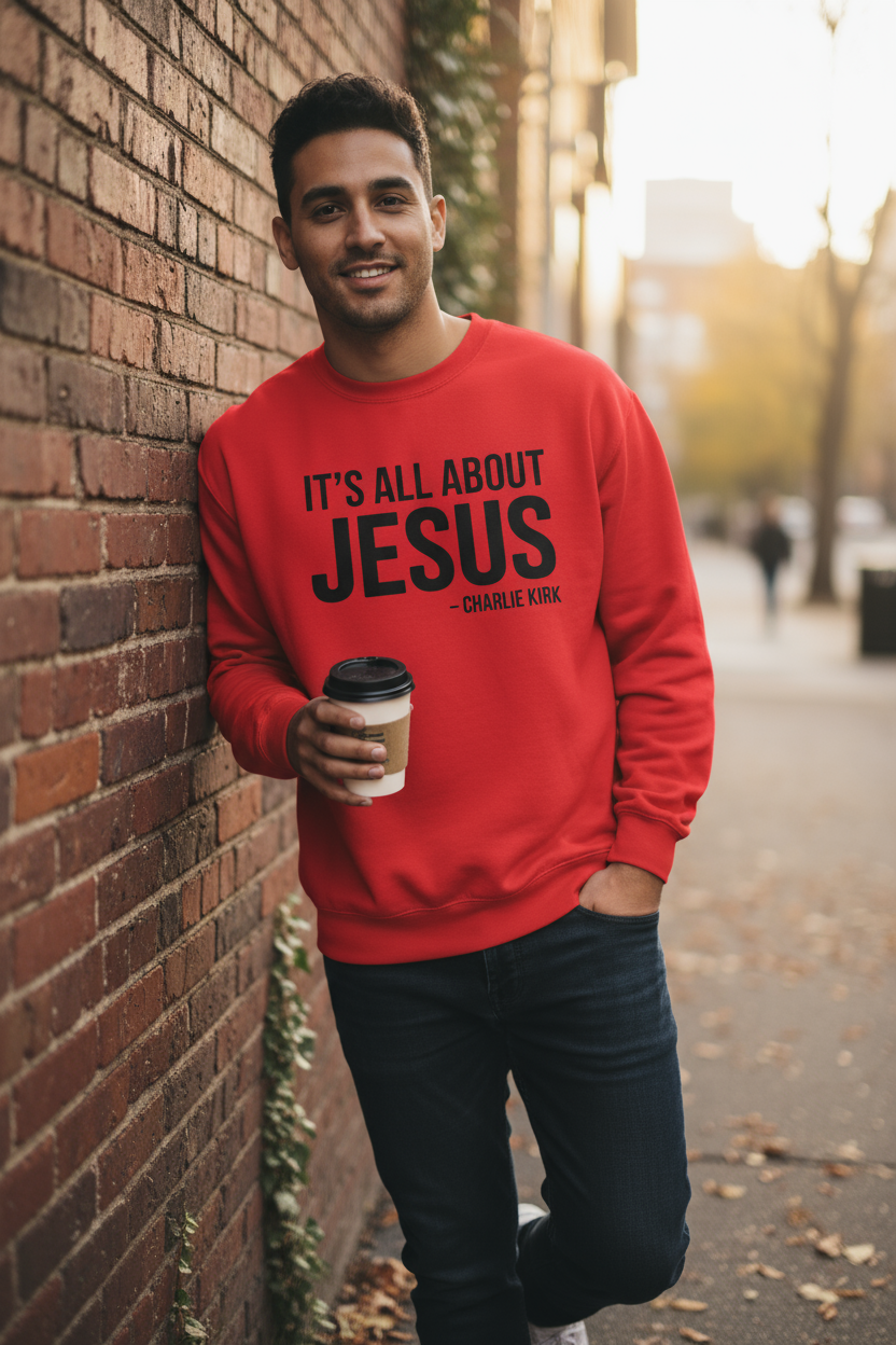 Unisex red hoodie with “It’s All About Jesus” lettering, perfect for men and women of faith.
