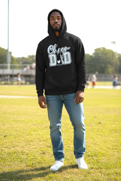 Proud dad wearing Cheer Dad Hoodie on sidelines – show support for your cheerleader