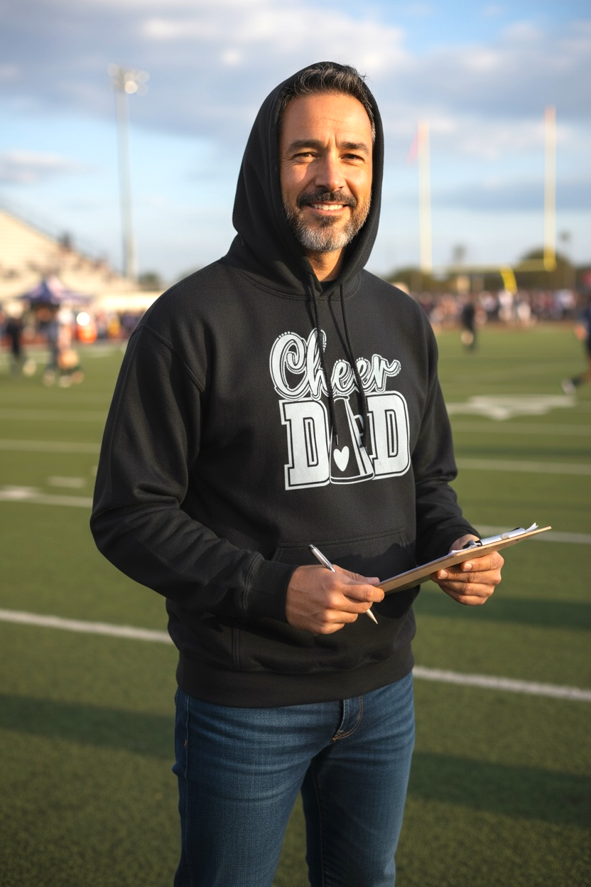 Proud dad wearing Cheer Dad Hoodie on sidelines – show support for your cheerleader