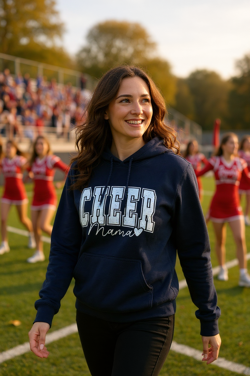 Proud mom wearing Cheer Mama Hoodie on sidelines – show your cheerleader support in style