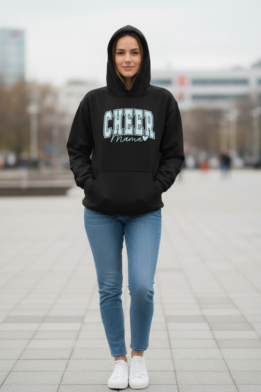 Warm, soft Cheer Mama Hoodie with adjustable hood – perfect for chilly game days and cheering