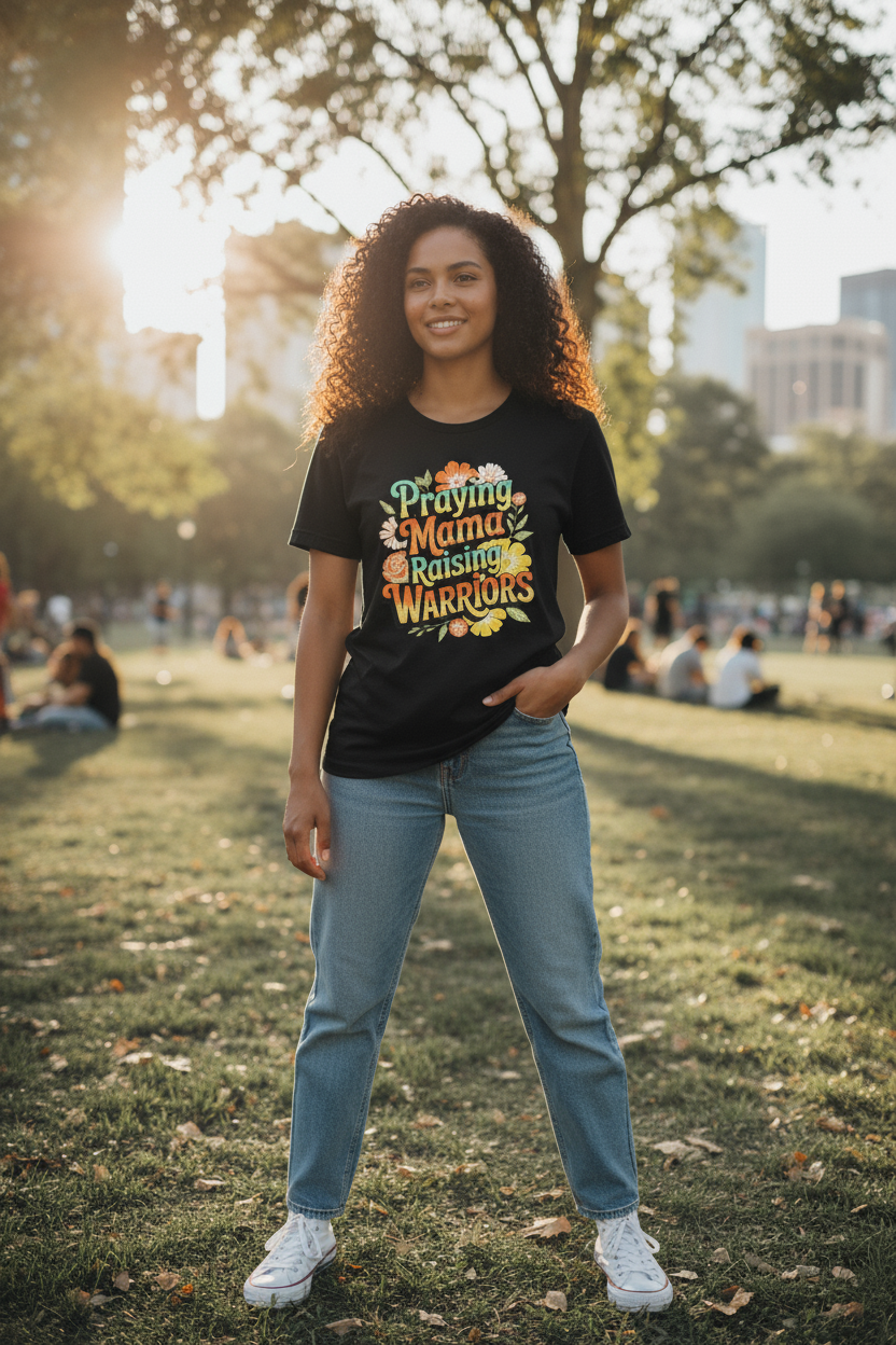 Faith-inspired black T-shirt for moms — Praying Mama Raising Warriors tee for women of faith.
