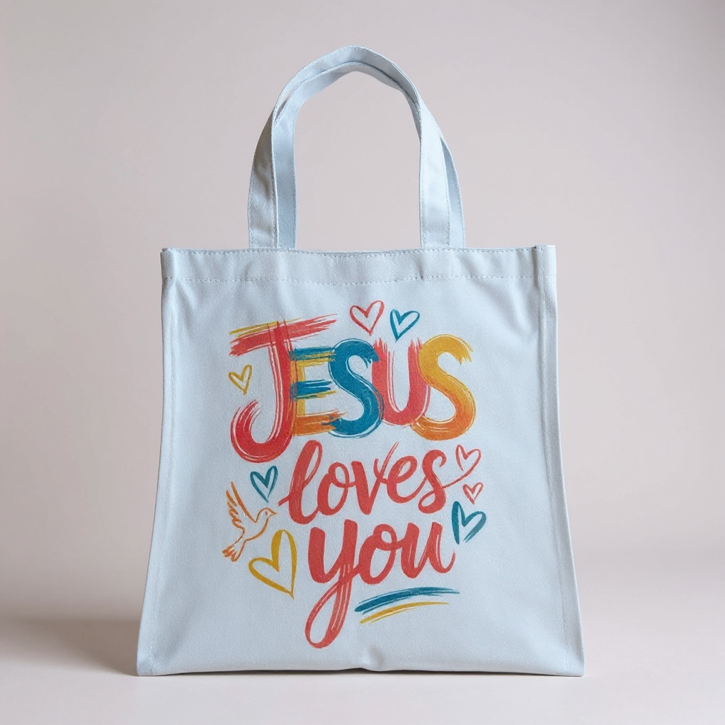 Effy’s Creations Jesus Loves Tote — colorful Christian tote bag for women, promoting faith, love, and joy
