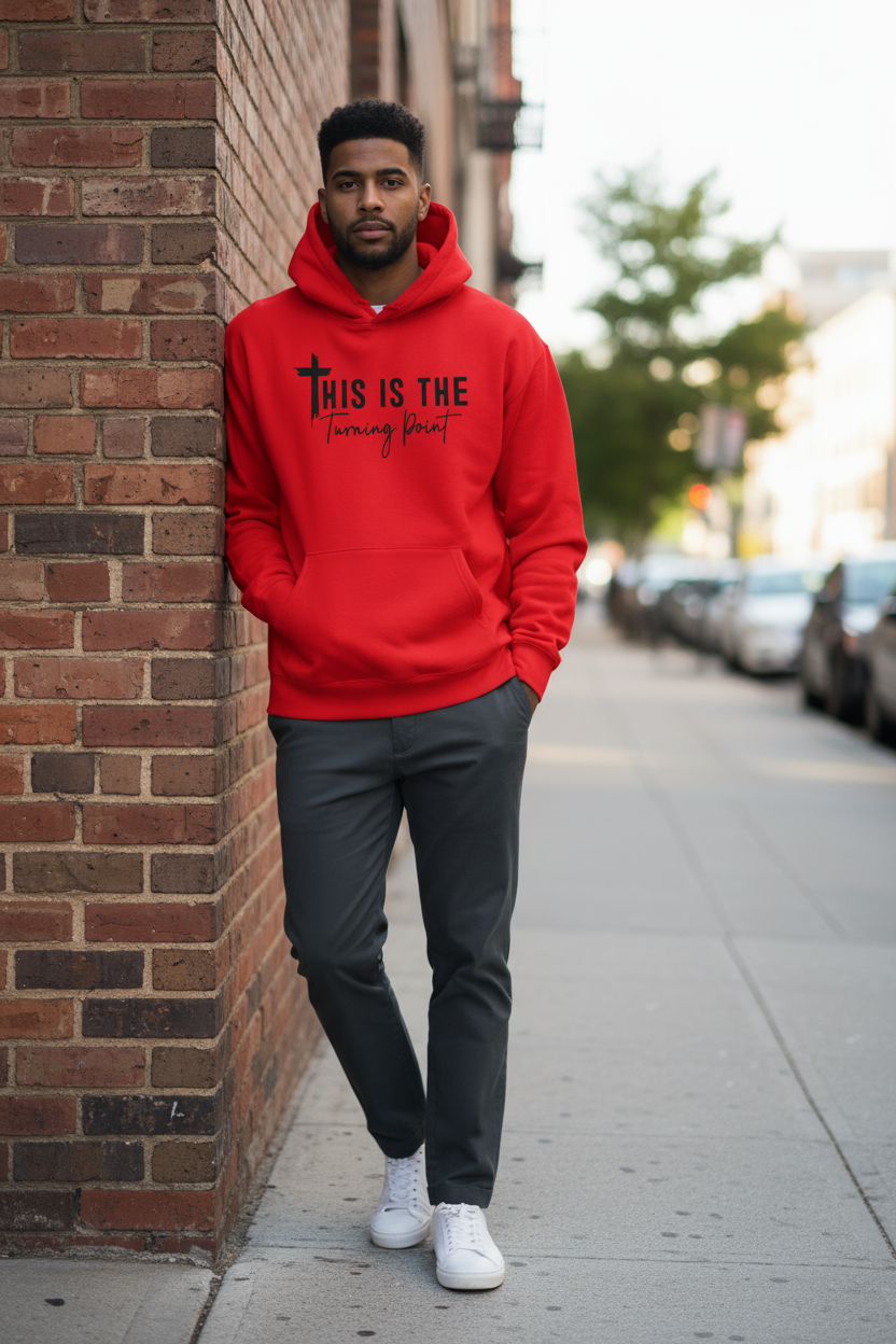 Man and woman of faith wearing the Turning Point sweatshirt, showing bold Christian style and comfort.