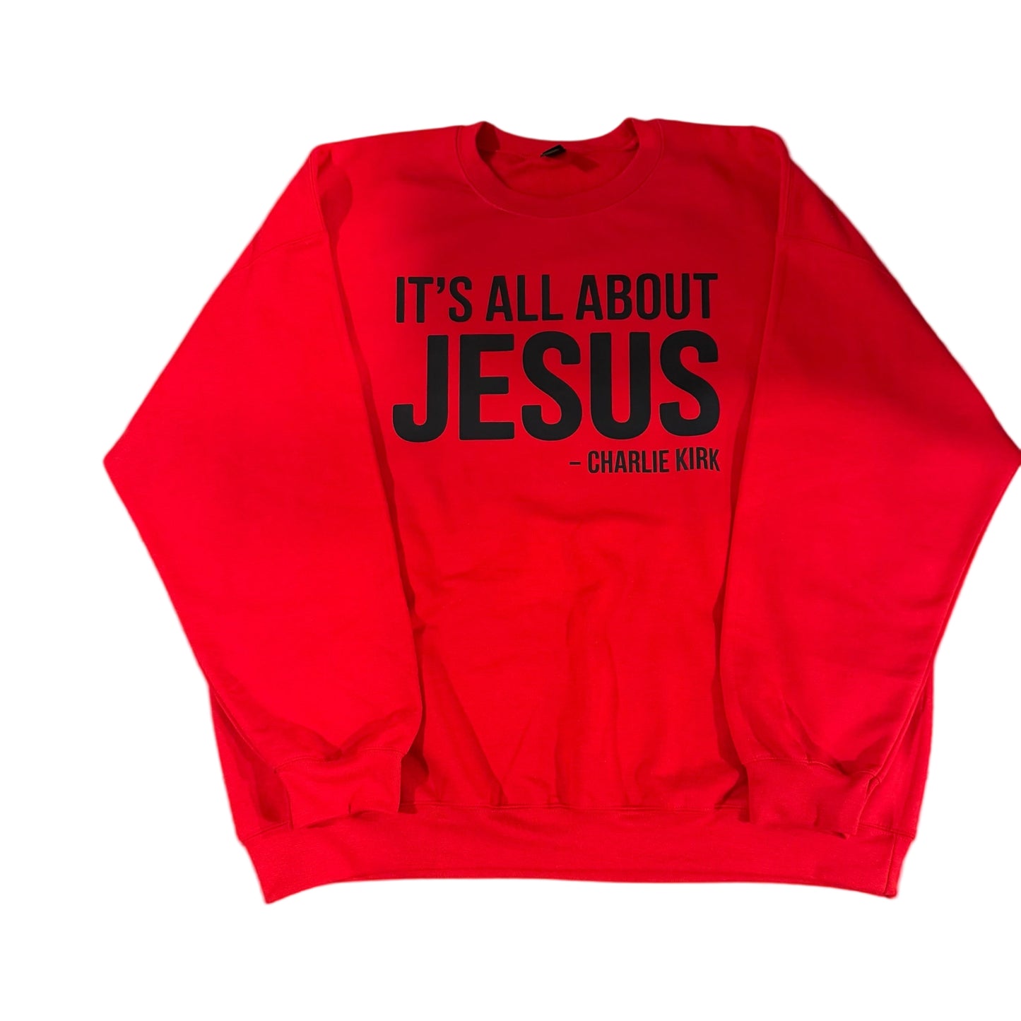 Front view of red “It’s All About Jesus” hooded sweatshirt, bold Christian faith apparel for men and women.