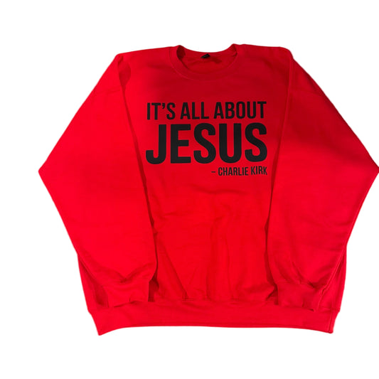 Front view of red “It’s All About Jesus” hooded sweatshirt, bold Christian faith apparel for men and women.