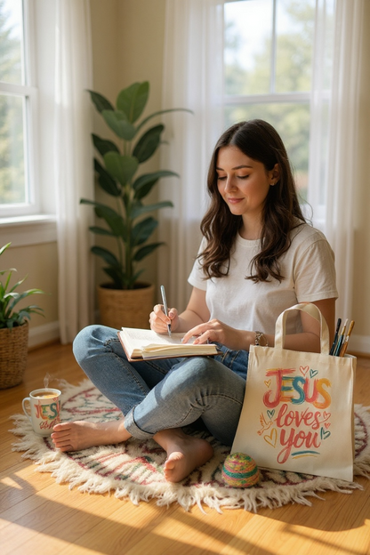 Luxury faith-based tote bag with multi-color Jesus Loves design — stylish and empowering for Christian women