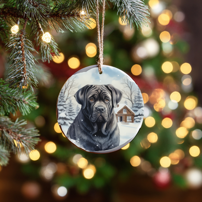 Personalized Mastiff dog ceramic Christmas ornament hanging on a decorated Christmas tree
