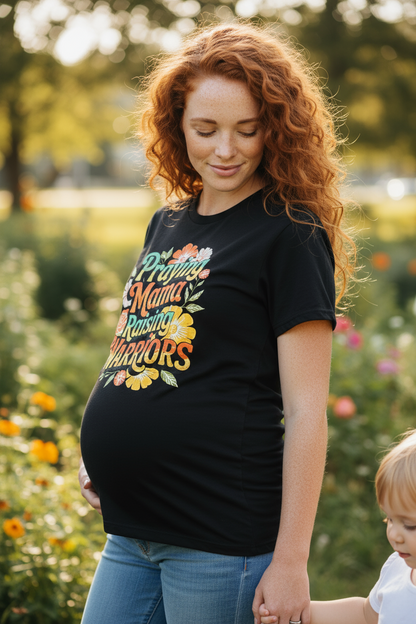 Luxury Christian tee for pregnant mothers — bold Praying Mama Raising Warriors design by Effy’s Creations