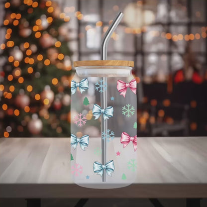 Christmas Coquette glass cup with bamboo lid and reusable straw – premium holiday drinkware