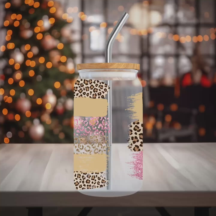 Leopard Print Faith Glass Cup – Side View with Bamboo Lid & Straw