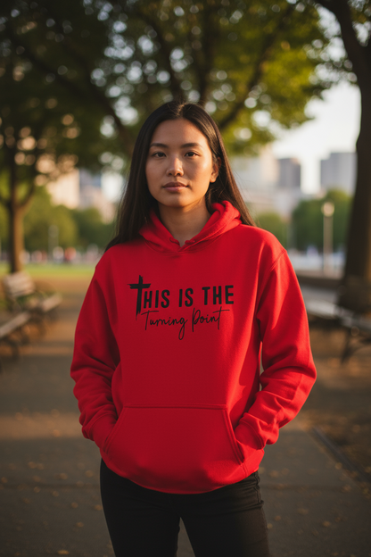 Close-up of the “This Is The Turning Point” lettering on cozy cotton Christian apparel.